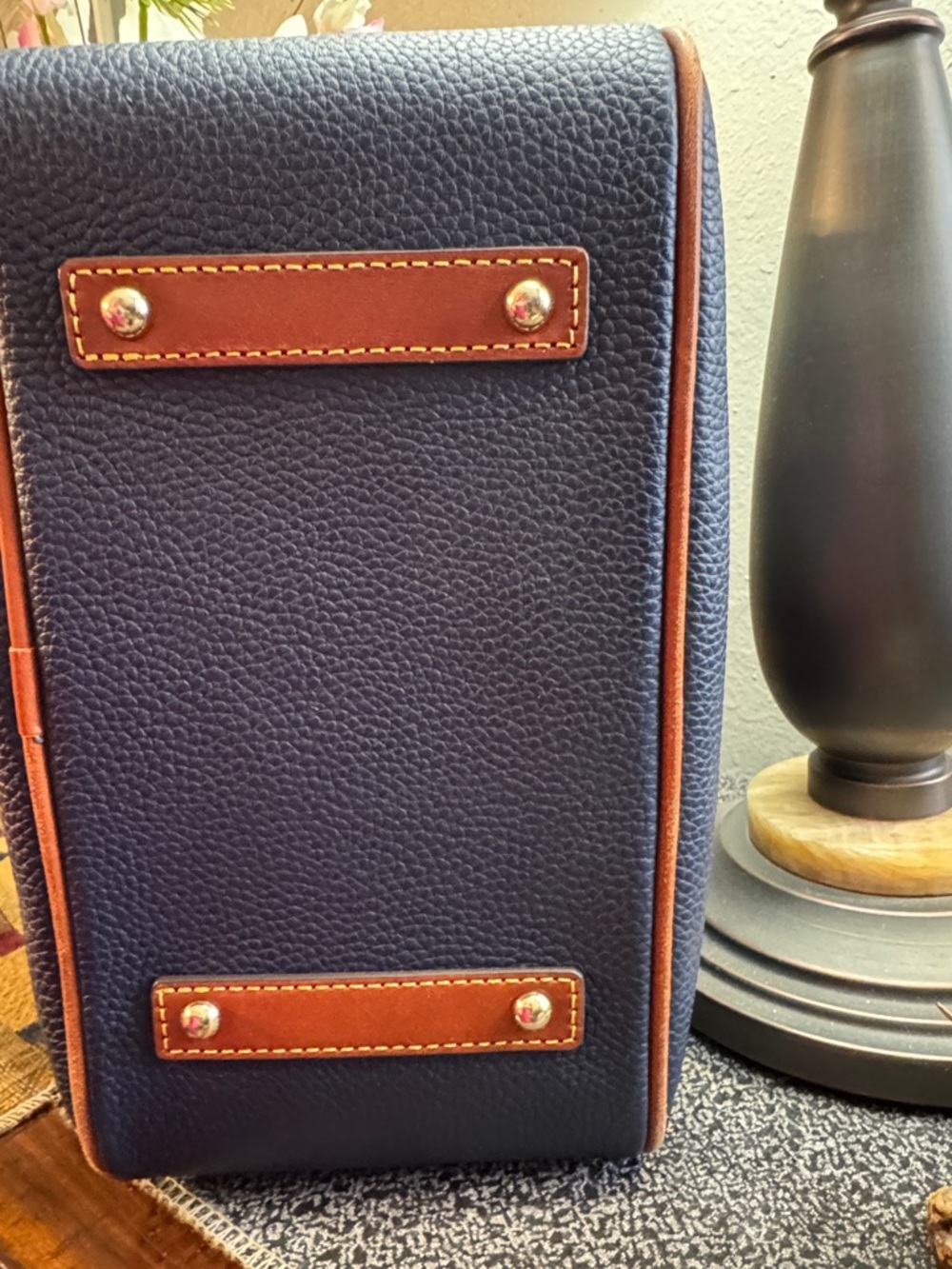 Dooney & Bourke Navy Pebbled Leather Crossbody Satchel with Brown Trim - Picture 8 of 10